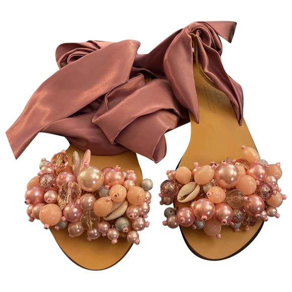 Elegant Pink Sandals with Satin Bow and Beaded Details - Picture 1 of 3